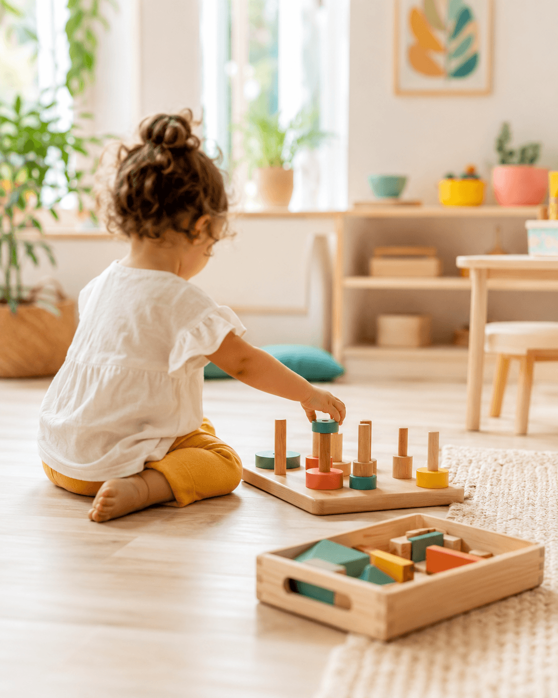 Florya Mitokondri Oyun Okulu'nda Montessori ahşap materyaliyle oynayan çocuk