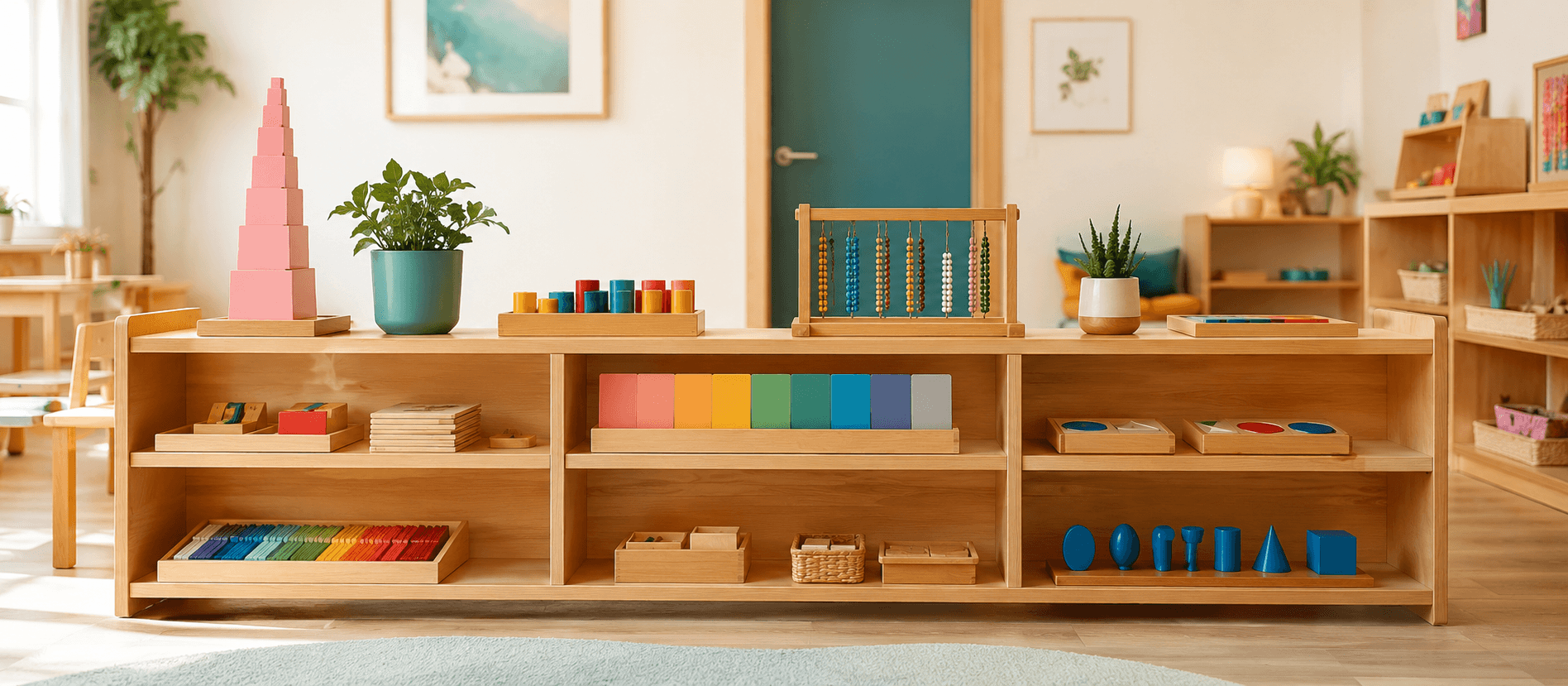 Mitokondri'de ahşap raflarda düzenli Montessori eğitim materyalleri